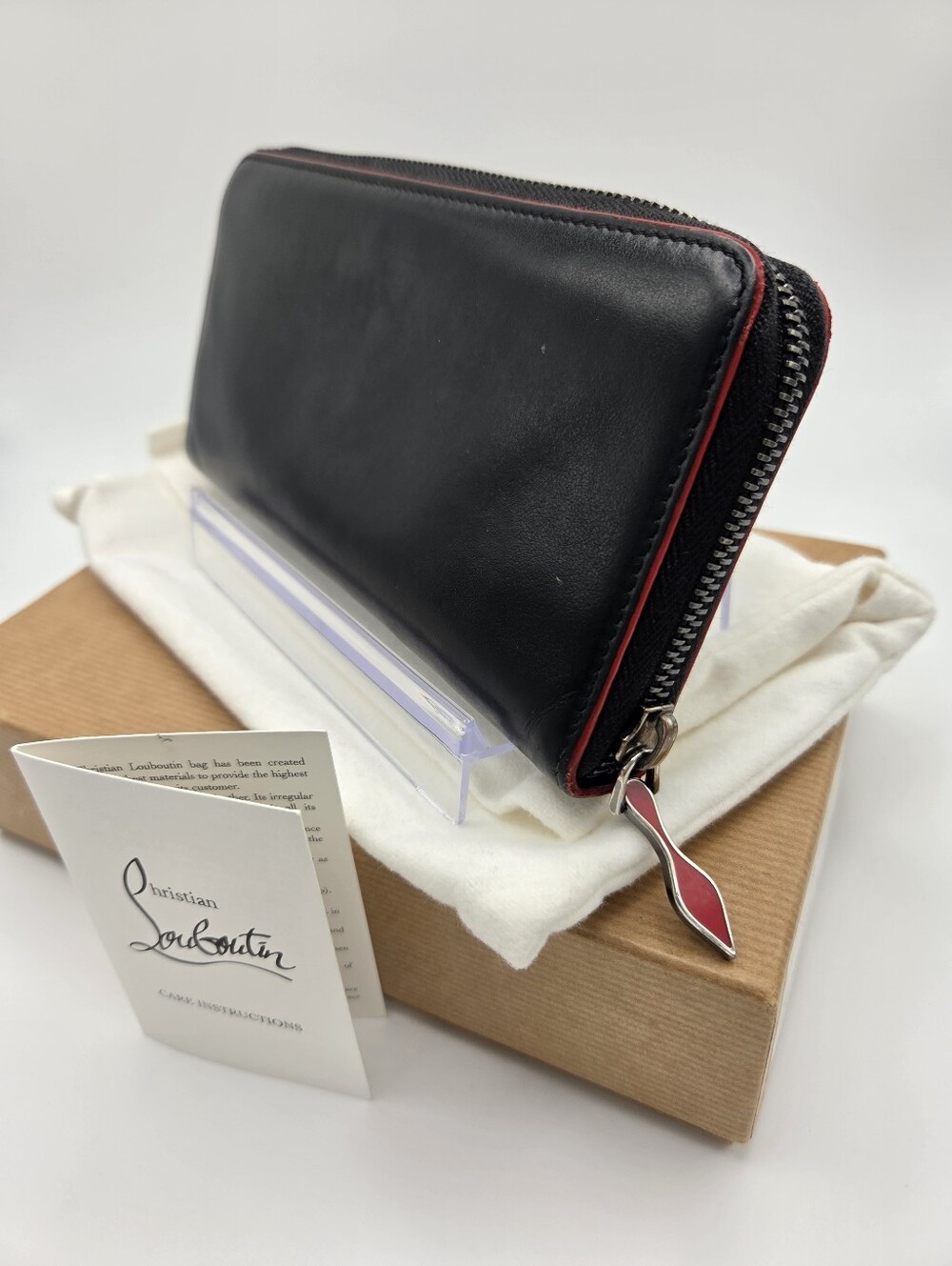 Christian Louboutin Preloved Black Leather Zip Wallet Dust Bag & Box